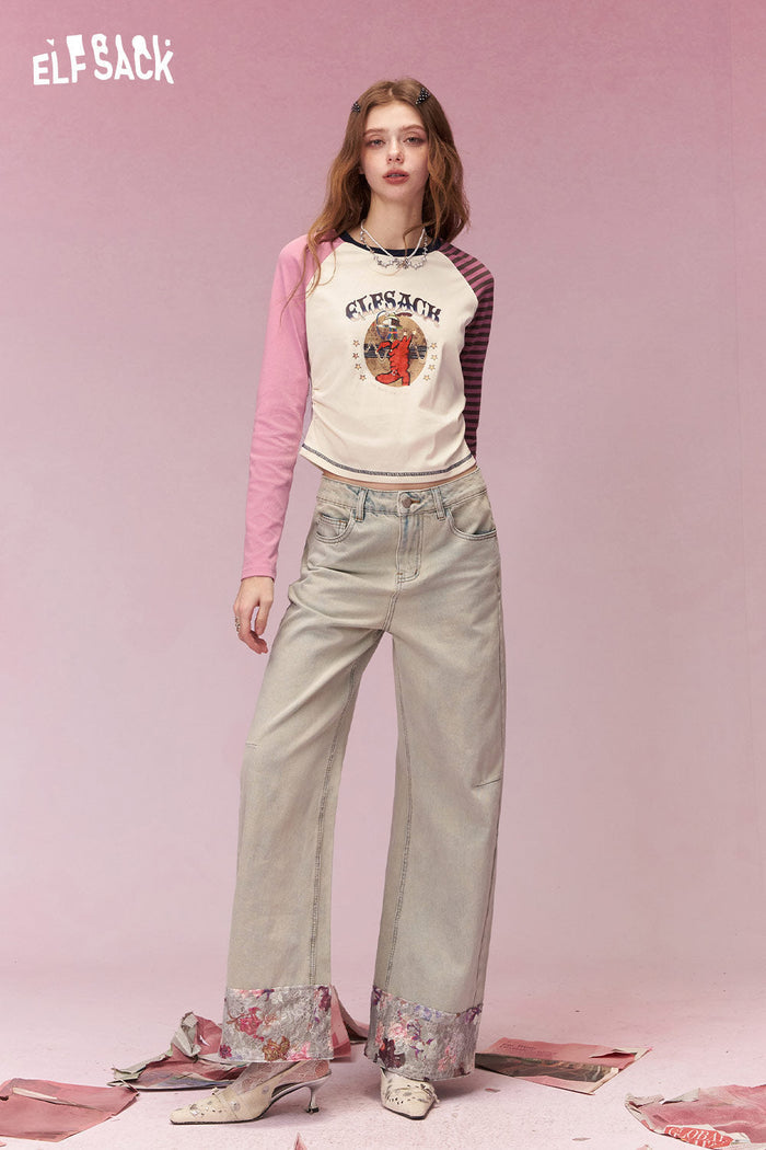 ELFSACK Playful Long Sleeve T Shirt with Contrast Color Patchwork Sleeves