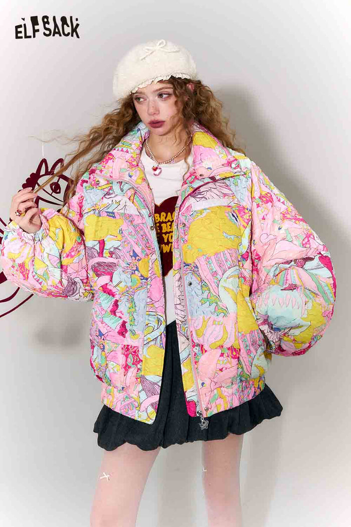 ELFSACK Playful Loose Original All Over Graphic Lapel Bomber Down Jacket
