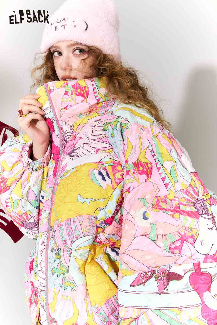 ELFSACK Playful Loose Original All Over Graphic Lapel Bomber Down Jacket