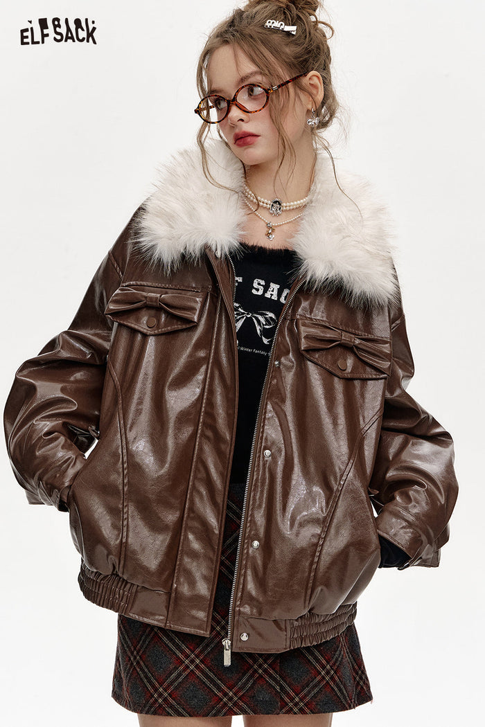 ELFSACK Plush collar spliced PU thick warm coat