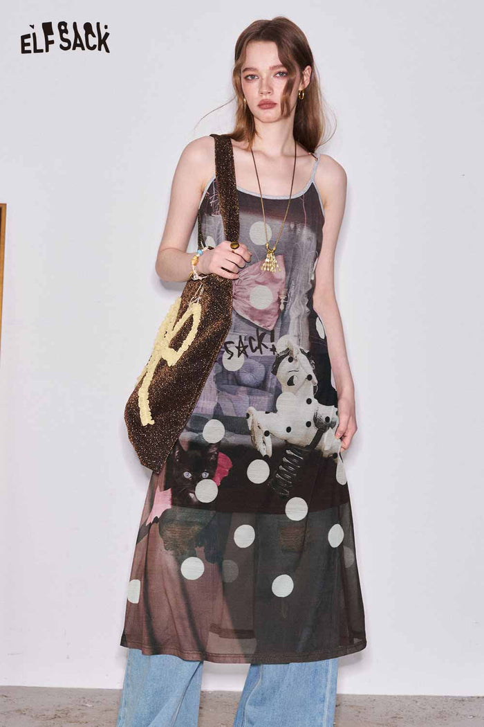 ELFSACK Polka Dot Cat Print Slip Dress