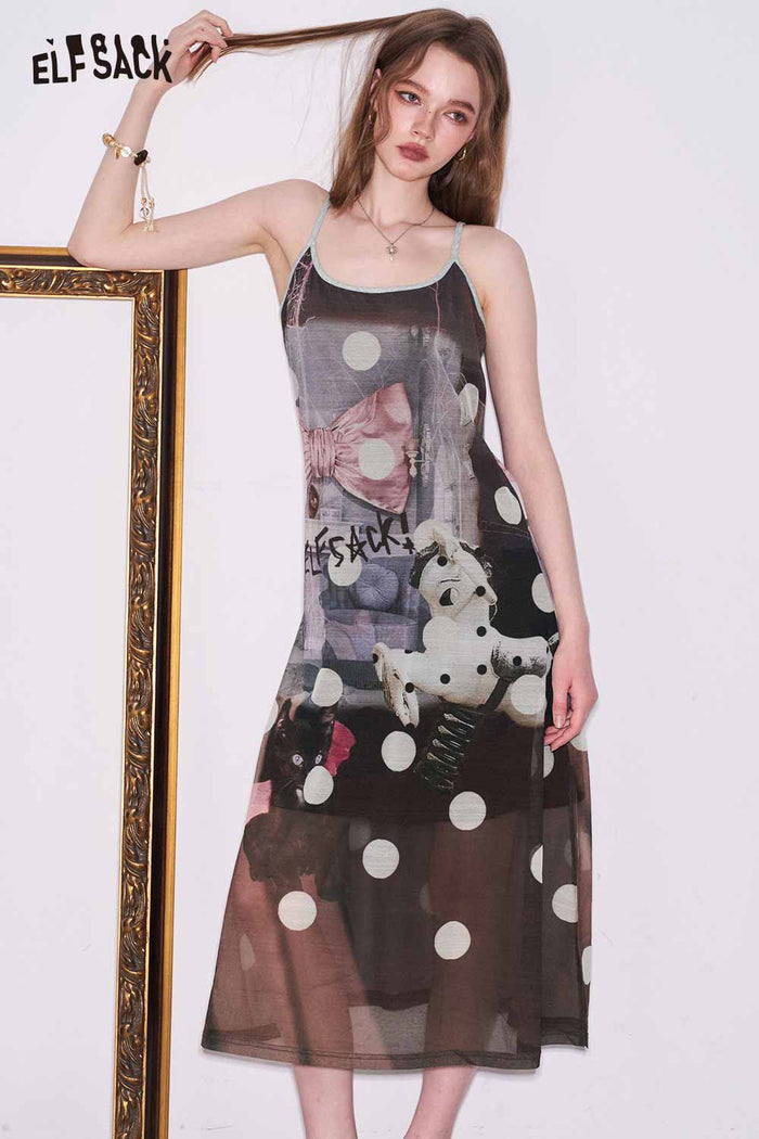 ELFSACK Polka Dot Cat Print Slip Dress