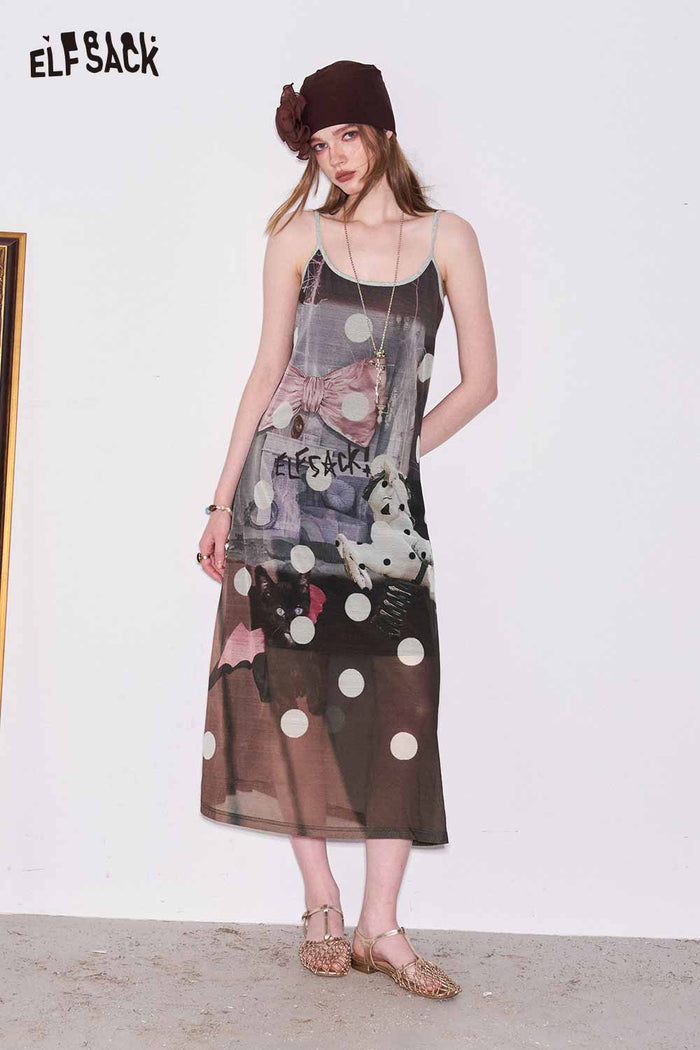 ELFSACK Polka Dot Cat Print Slip Dress