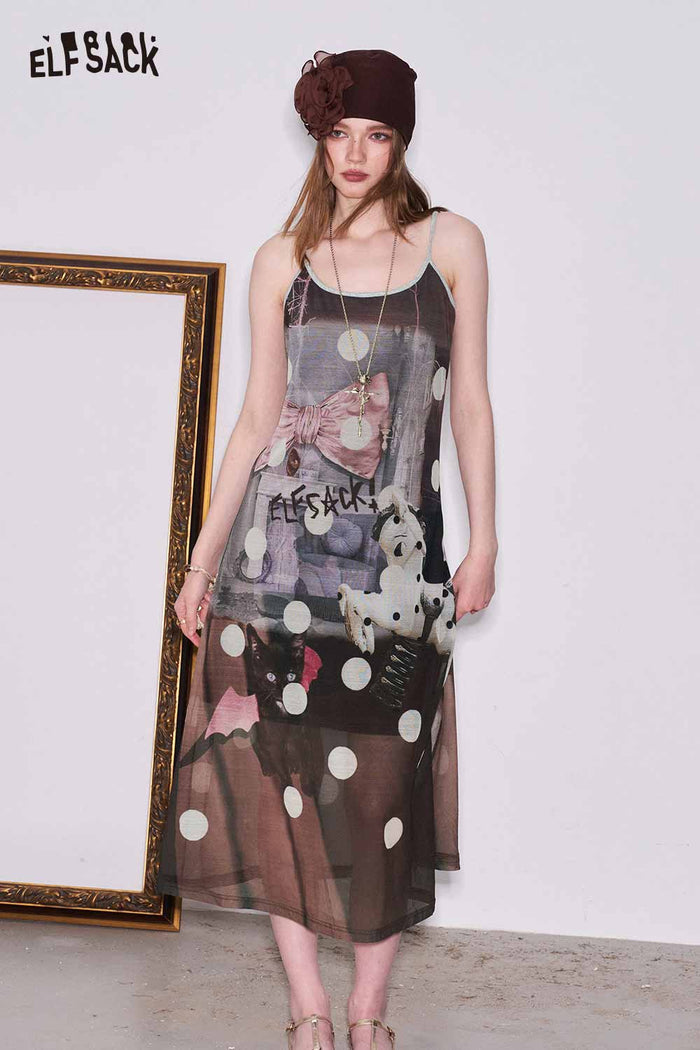 ELFSACK Polka Dot Cat Print Slip Dress
