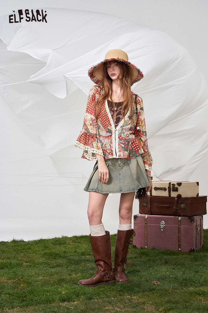 ELFSACK Polka Dot Floral Patchwork Chiffon Blouse