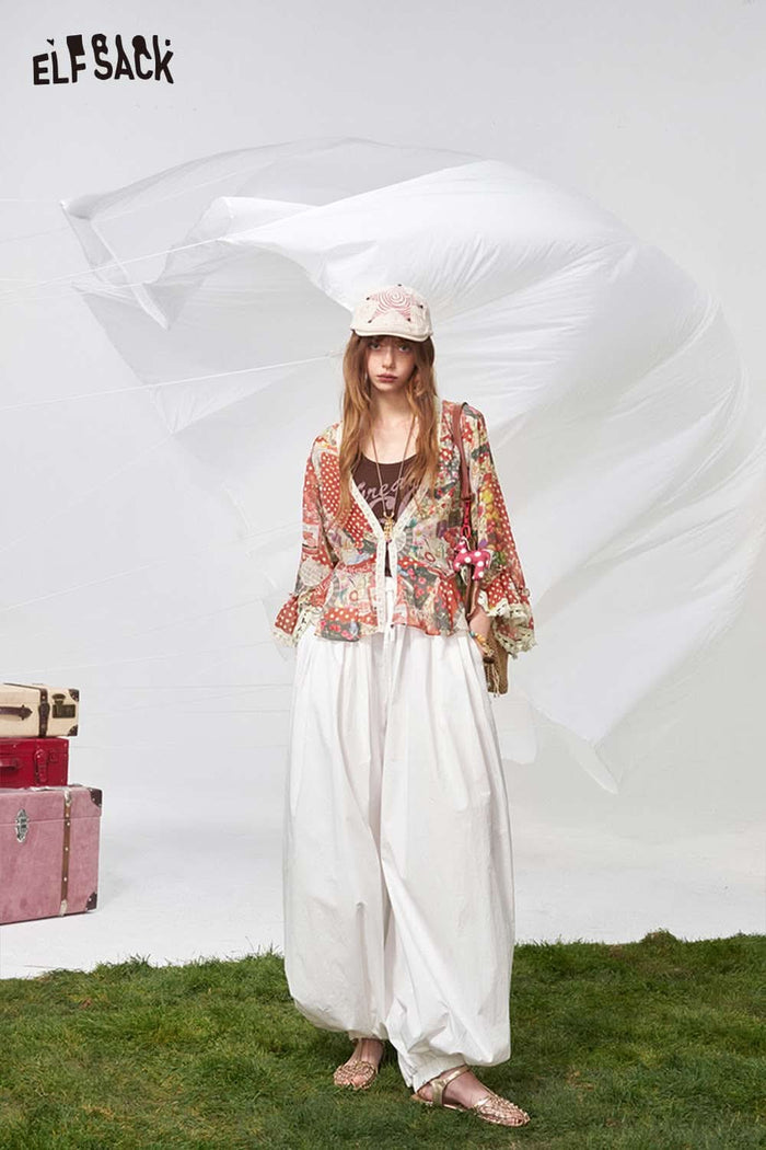 ELFSACK Polka Dot Floral Patchwork Chiffon Blouse