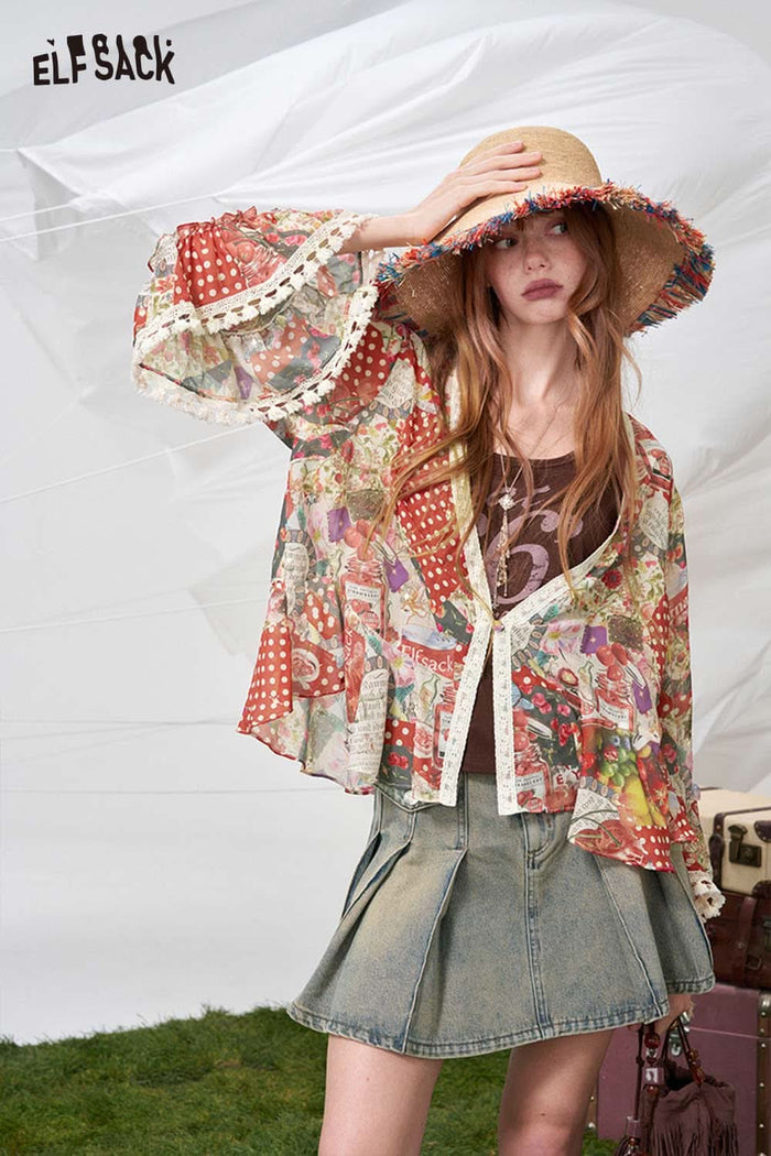 ELFSACK Polka Dot Floral Patchwork Chiffon Blouse
