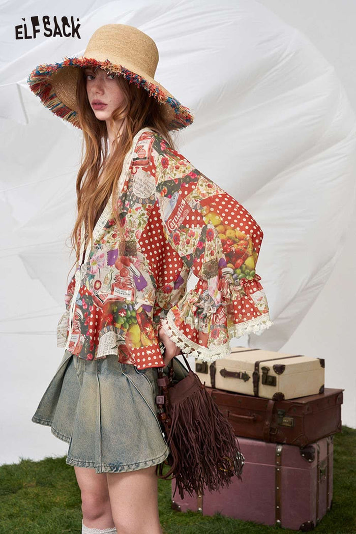 ELFSACK Polka Dot Floral Patchwork Chiffon Blouse