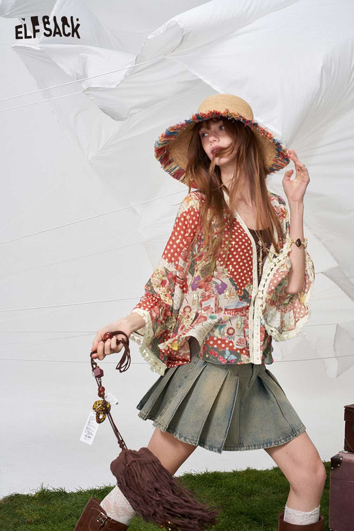 ELFSACK Polka Dot Floral Patchwork Chiffon Blouse