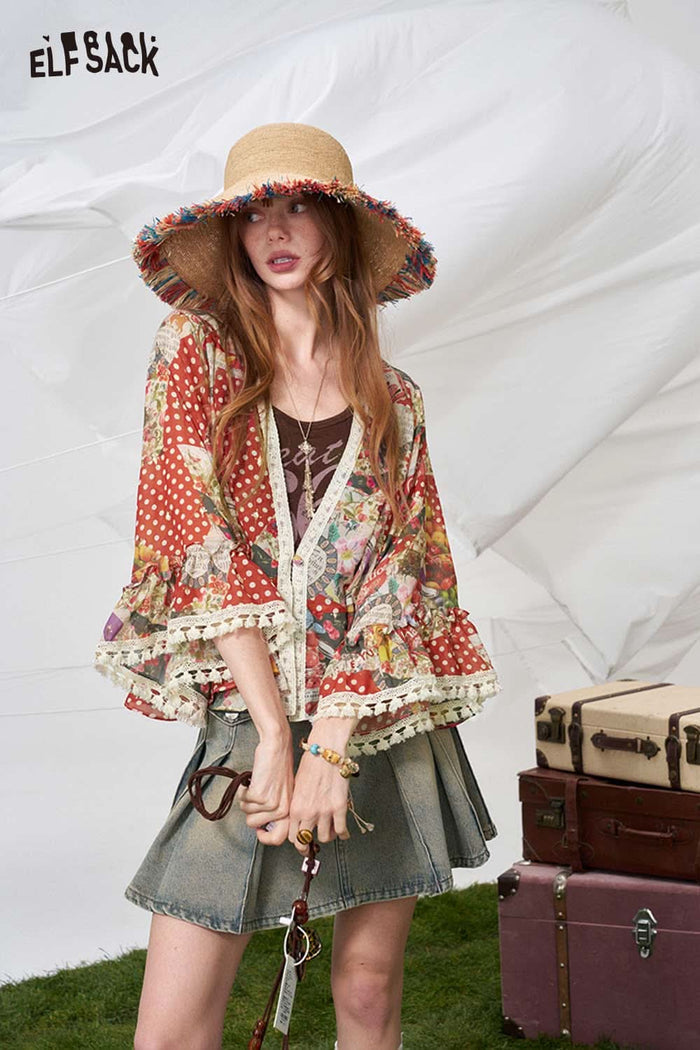 ELFSACK Polka Dot Floral Patchwork Chiffon Blouse
