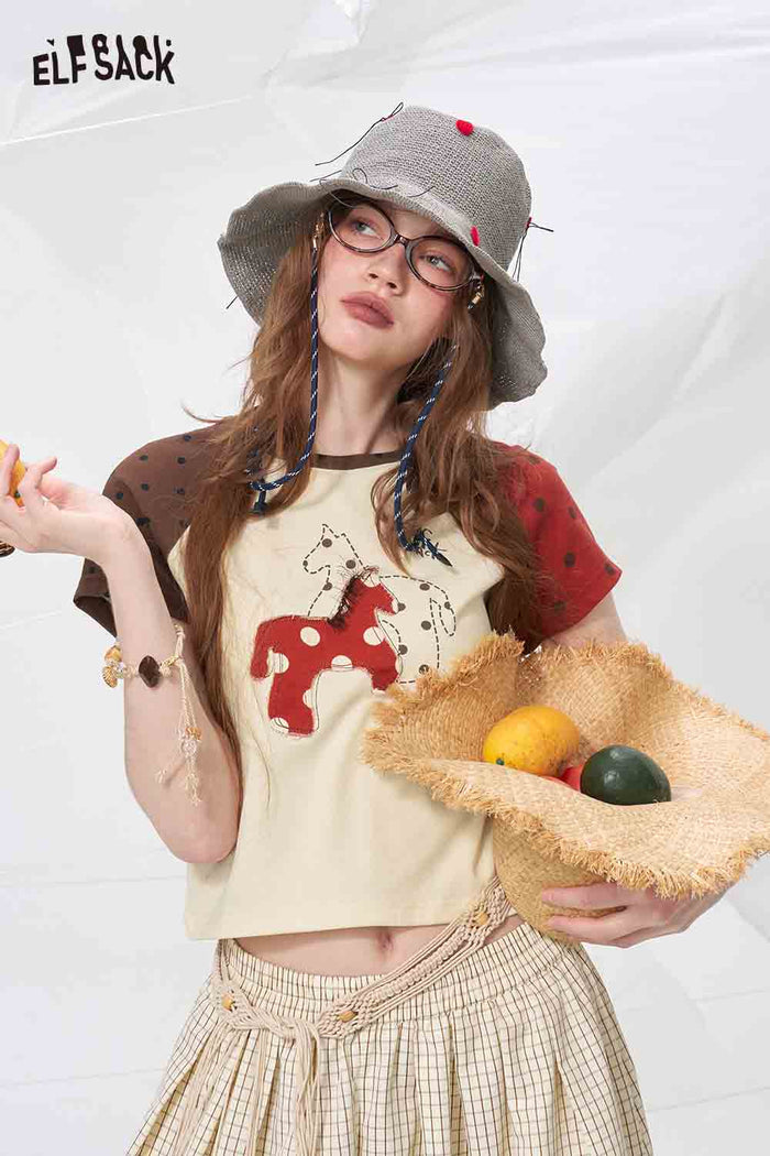 ELFSACK Polka Dot Horse Patchwork Raglan T-Shirt