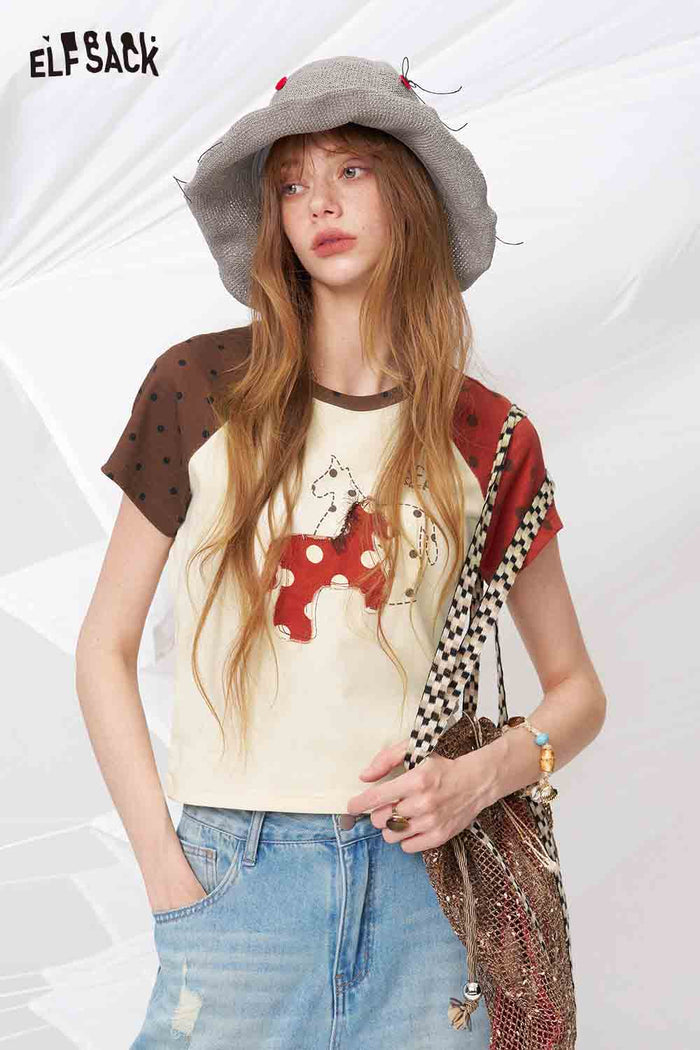ELFSACK Polka Dot Horse Patchwork Raglan T-Shirt