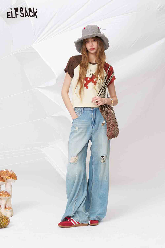 ELFSACK Polka Dot Horse Patchwork Raglan T-Shirt