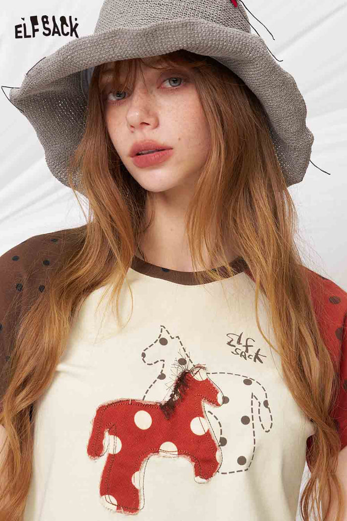 ELFSACK Polka Dot Horse Patchwork Raglan T-Shirt