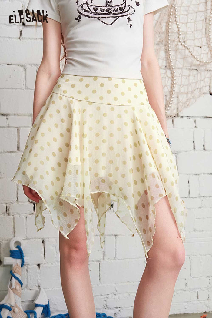 ELFSACK Polka Dot Irregular Hem High-Waisted Skirt