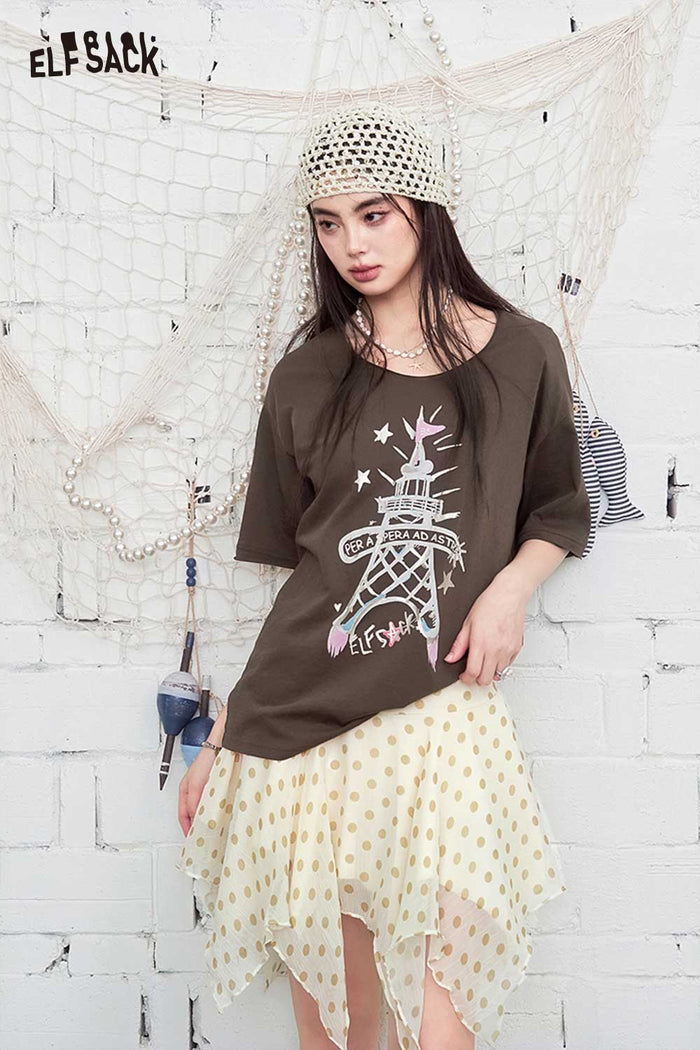 ELFSACK Polka Dot Irregular Hem High-Waisted Skirt