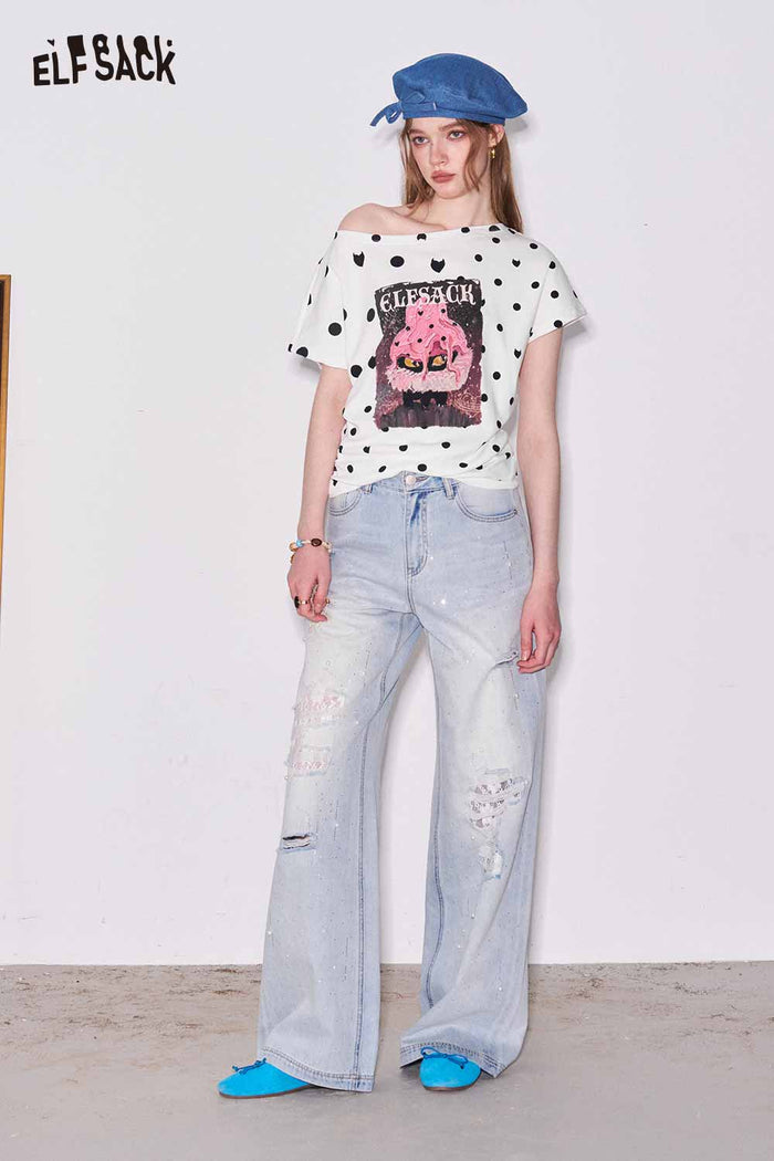 ELFSACK Polka Dot Off Shoulder Cat Graphic Tee