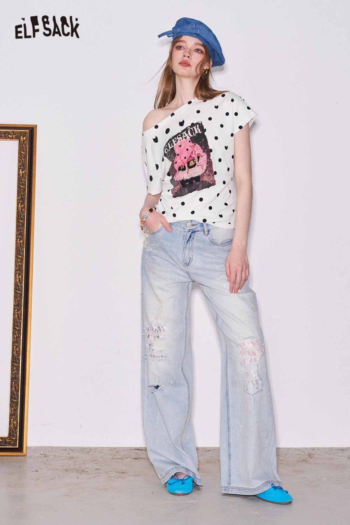ELFSACK Polka Dot Off Shoulder Cat Graphic Tee