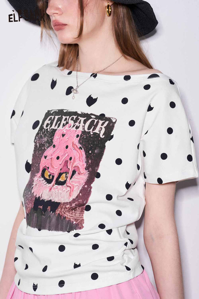 ELFSACK Polka Dot Off Shoulder Cat Graphic Tee