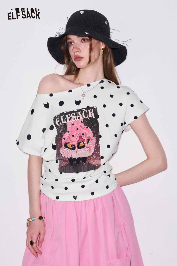 ELFSACK Polka Dot Off Shoulder Cat Graphic Tee