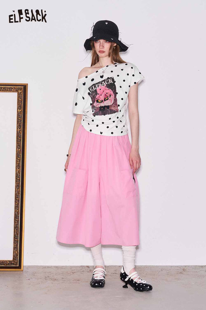 ELFSACK Polka Dot Off Shoulder Cat Graphic Tee