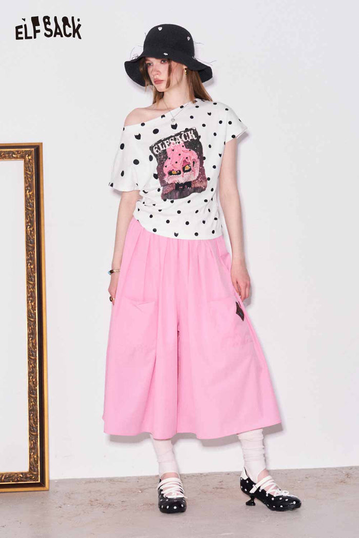 ELFSACK Polka Dot Off Shoulder Cat Graphic Tee