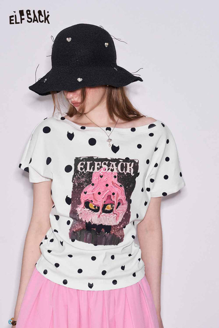 ELFSACK Polka Dot Off Shoulder Cat Graphic Tee