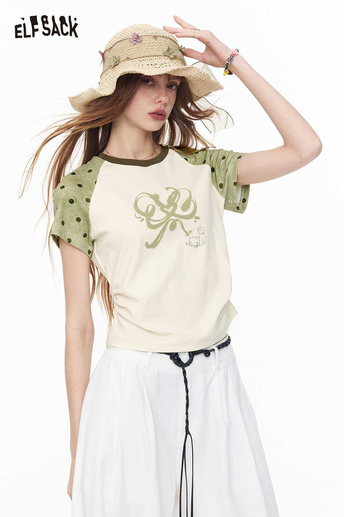 ELFSACK Polka Dot Raglan Bow Print Baby Tee
