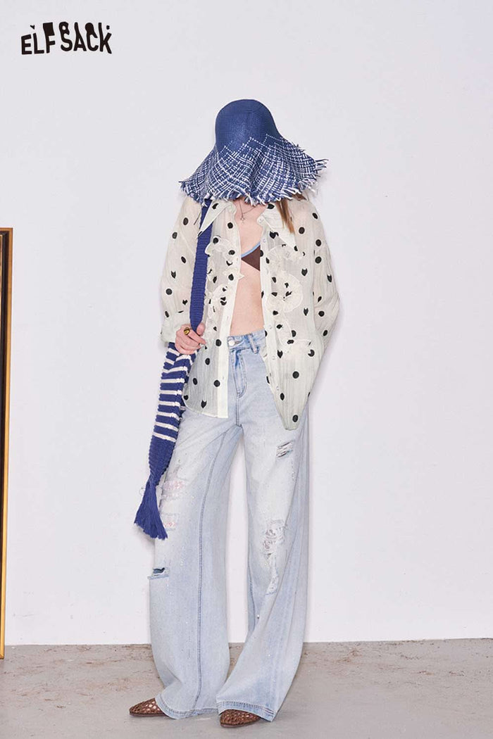 ELFSACK Polka Dot Ruffle Point Collar Shirt