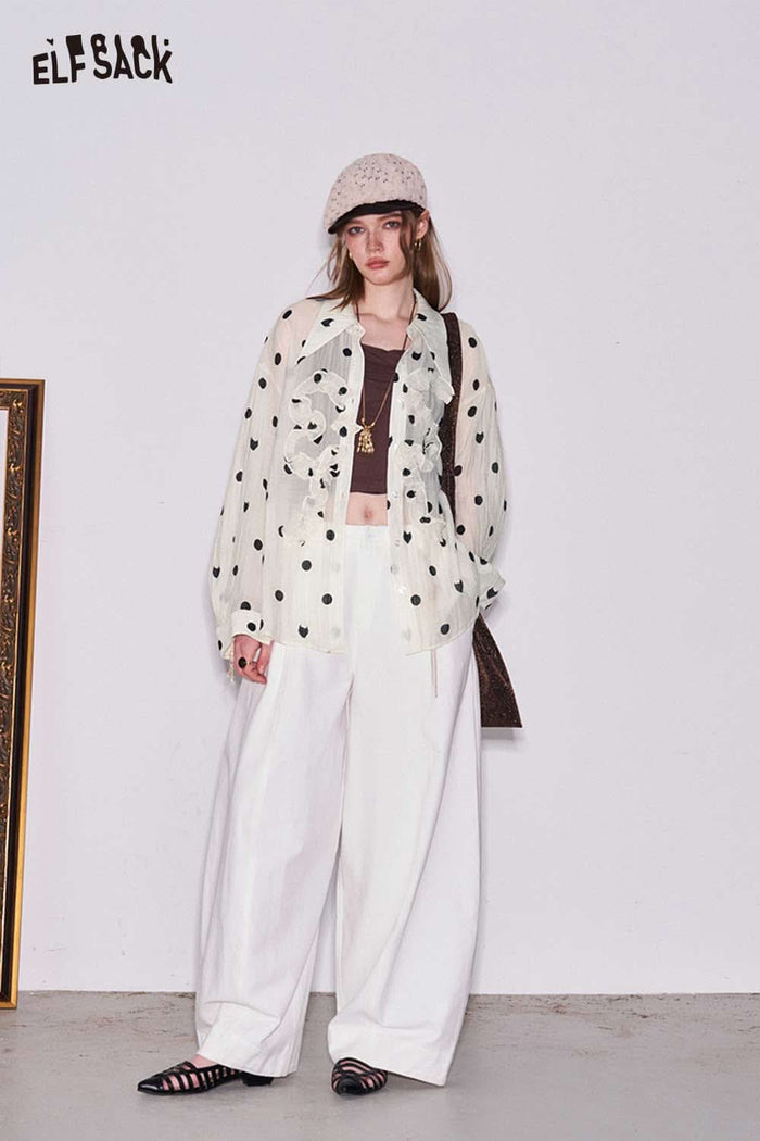 ELFSACK Polka Dot Ruffle Point Collar Shirt