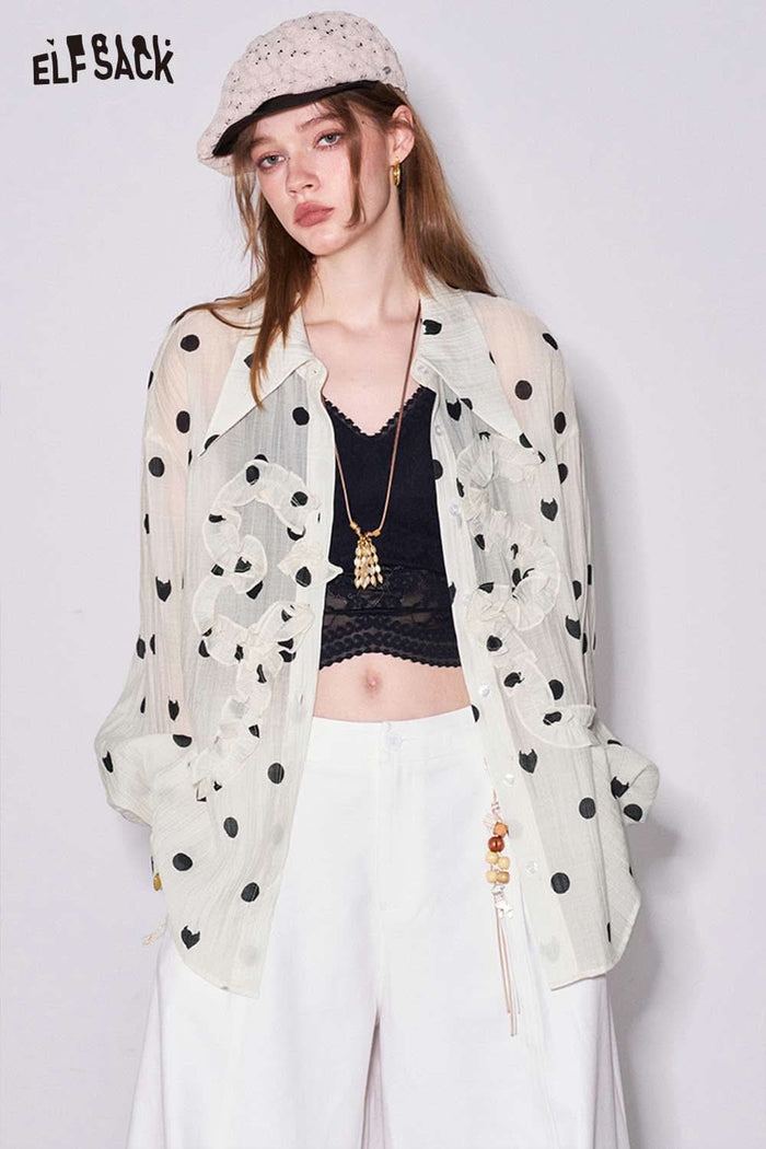 ELFSACK Polka Dot Ruffle Point Collar Shirt
