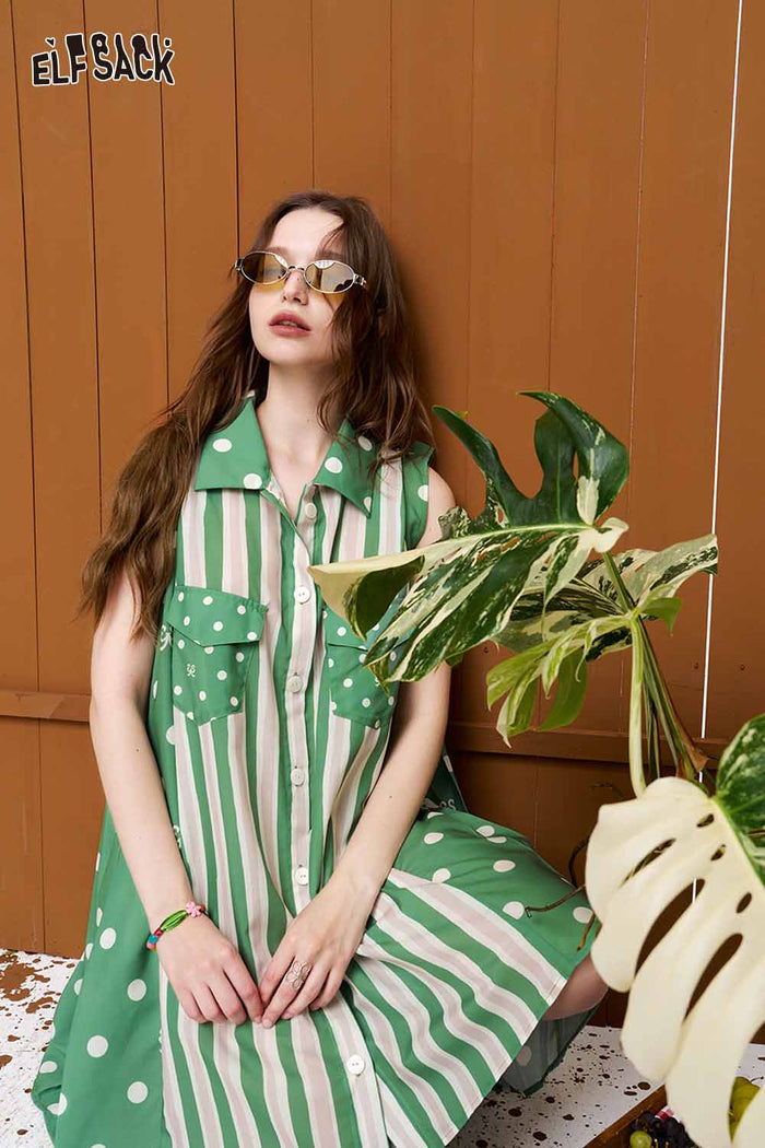ELFSACK Polka Dot Striped Embroidered Shirt Dress