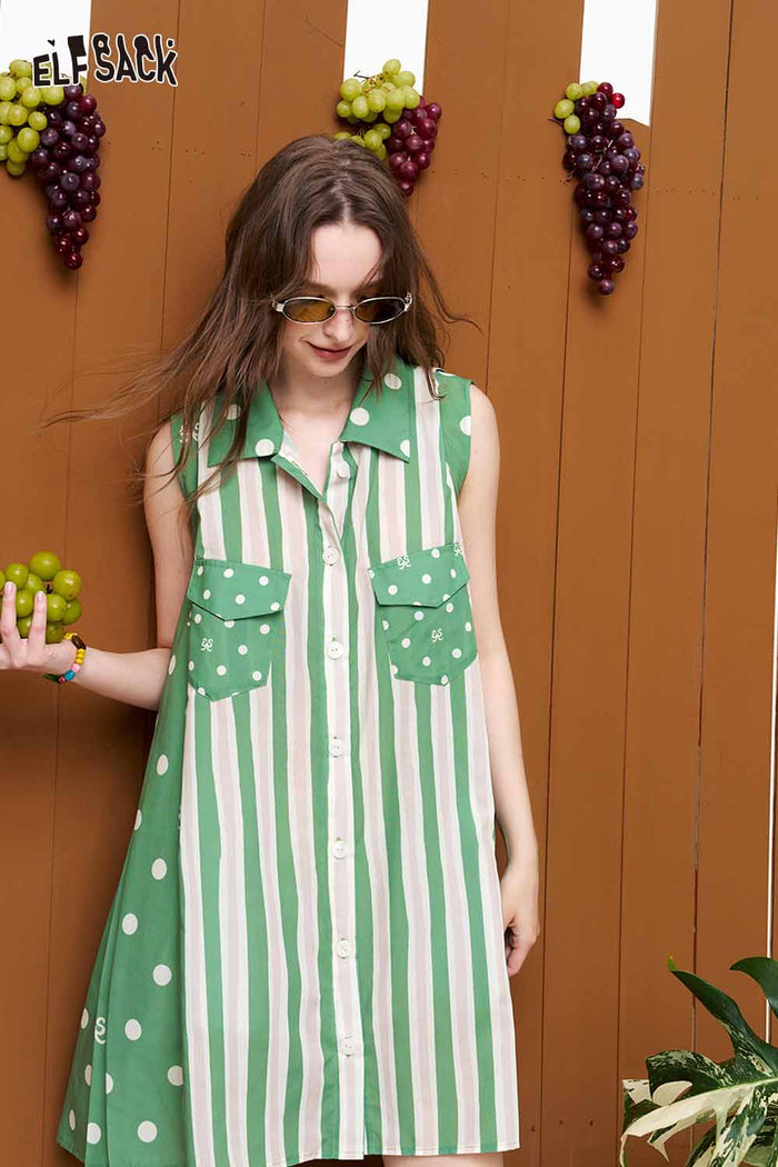 ELFSACK Polka Dot Striped Embroidered Shirt Dress