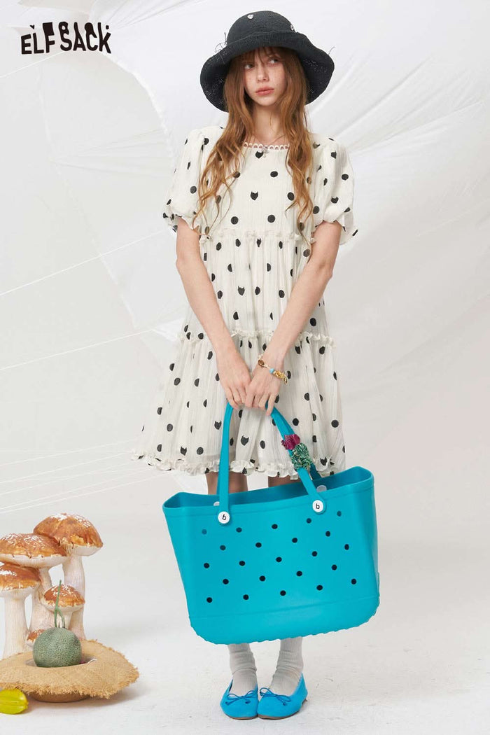 ELFSACK Polka Dot Tiered Ruffle Midi Dress