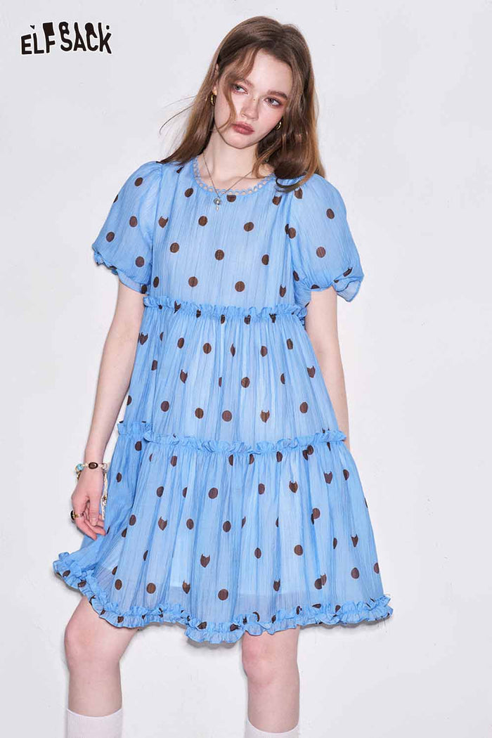 ELFSACK Polka Dot Tiered Ruffle Midi Dress