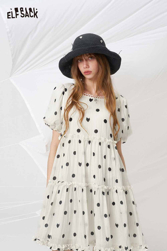 ELFSACK Polka Dot Tiered Ruffle Midi Dress