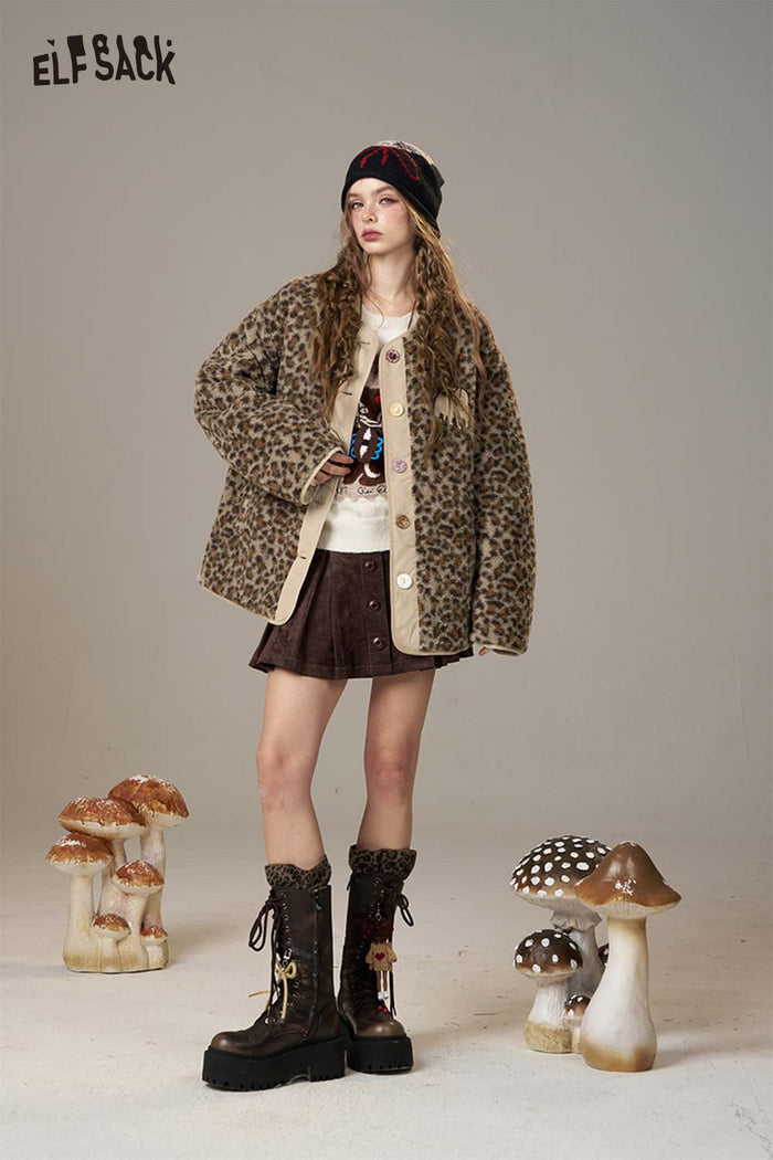 ELFSACK Polycotton Animal Print Panel Faux Shearling Short Coat