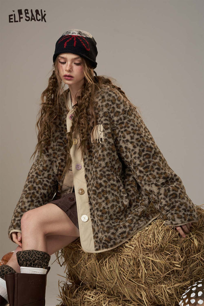 ELFSACK Polycotton Animal Print Panel Faux Shearling Short Coat