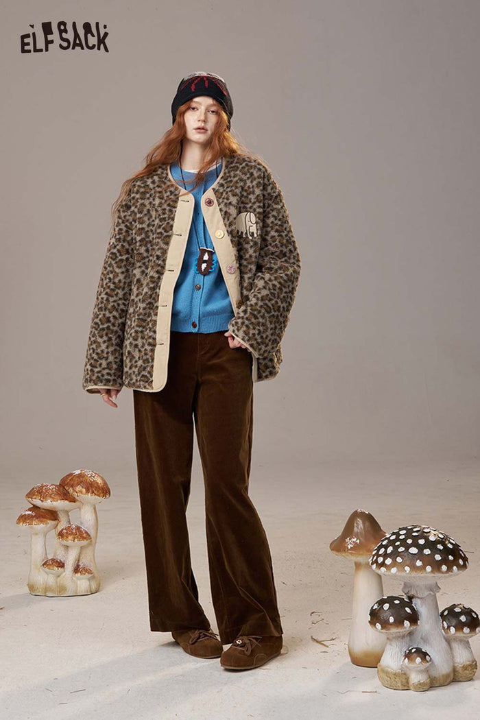 ELFSACK Polycotton Animal Print Panel Faux Shearling Short Coat
