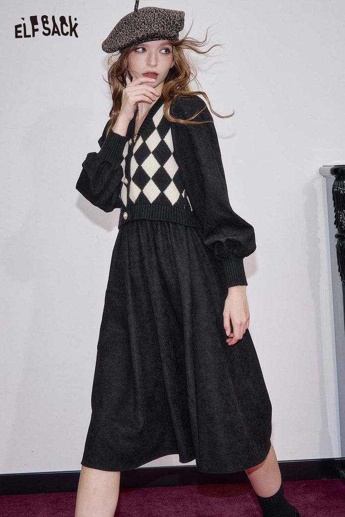 ELFSACK Polyester Blend A-line Silhouette Contrast Plaid Panel Maxi Dress