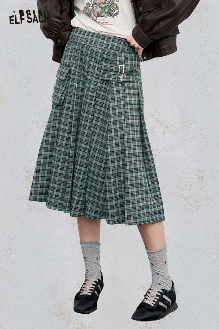 ELFSACK Polyester Blend Asymmetric Hem Checkered Pocket Detail Pleated Skirt