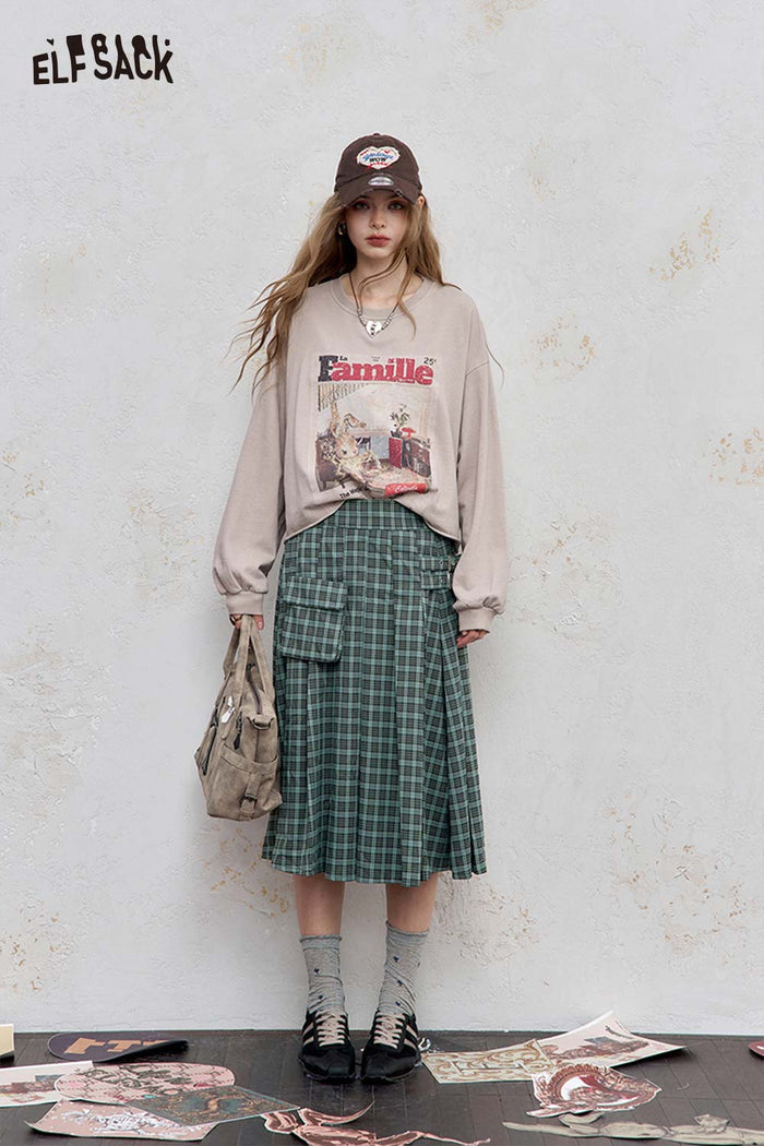 ELFSACK Polyester Blend Asymmetric Hem Checkered Pocket Detail Pleated Skirt
