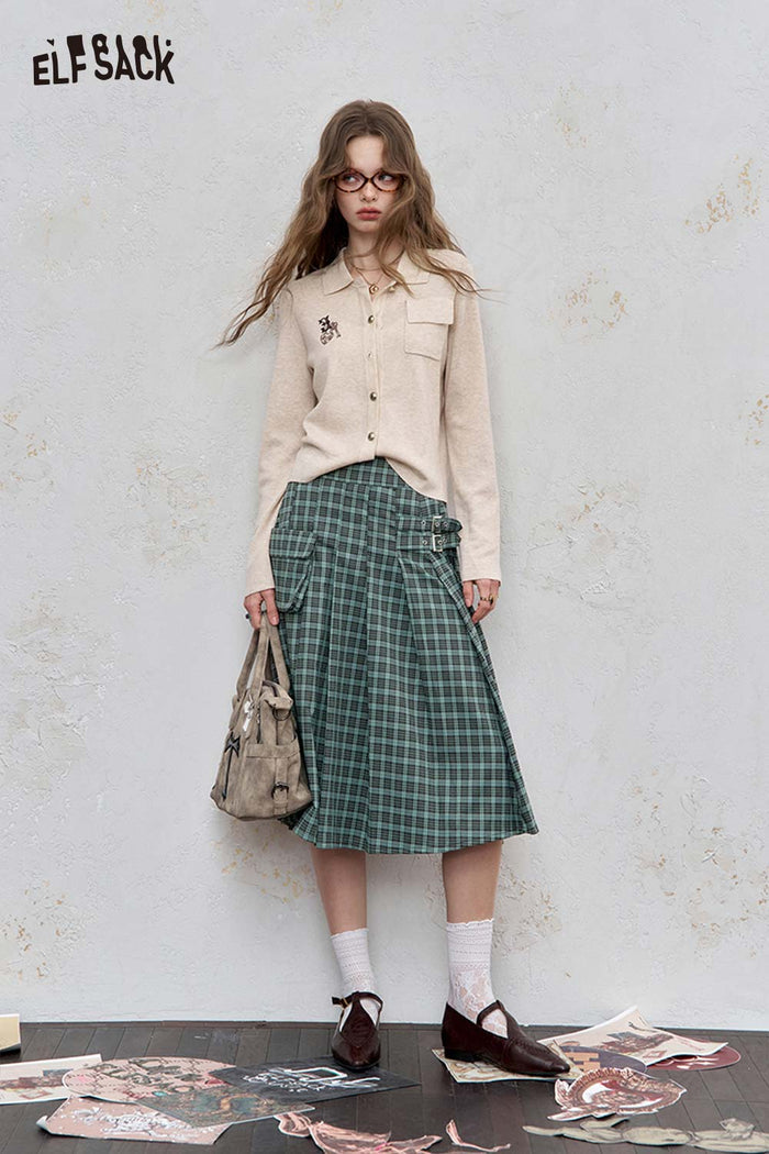 ELFSACK Polyester Blend Asymmetric Hem Checkered Pocket Detail Pleated Skirt