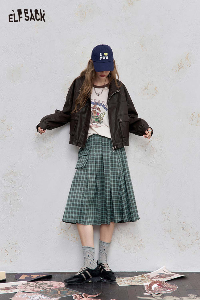 ELFSACK Polyester Blend Asymmetric Hem Checkered Pocket Detail Pleated Skirt
