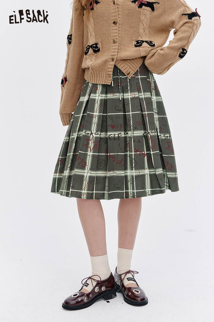 ELFSACK Polyester Blend Asymmetric Hem Multi Color Graffiti and Plaid Pattern Pleated Skirt