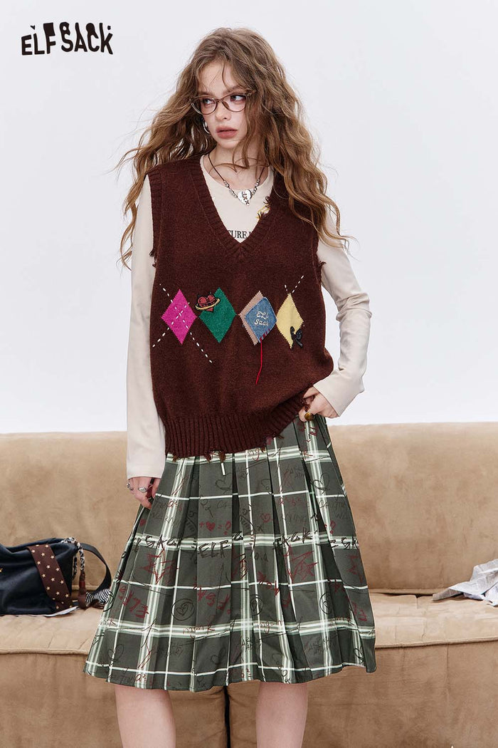 ELFSACK Polyester Blend Asymmetric Hem Multi Color Graffiti and Plaid Pattern Pleated Skirt