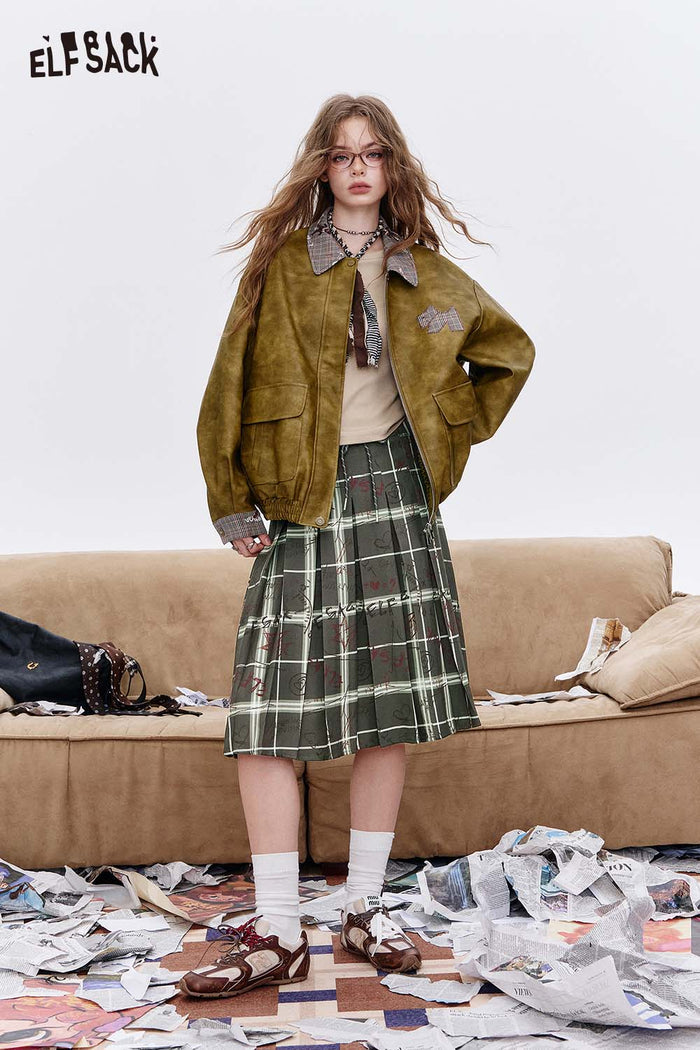 ELFSACK Polyester Blend Asymmetric Hem Multi Color Graffiti and Plaid Pattern Pleated Skirt