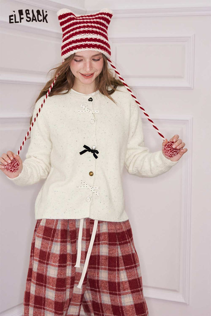 ELFSACK Preppy 3D Bow Embellishment Varied Button Cardigan