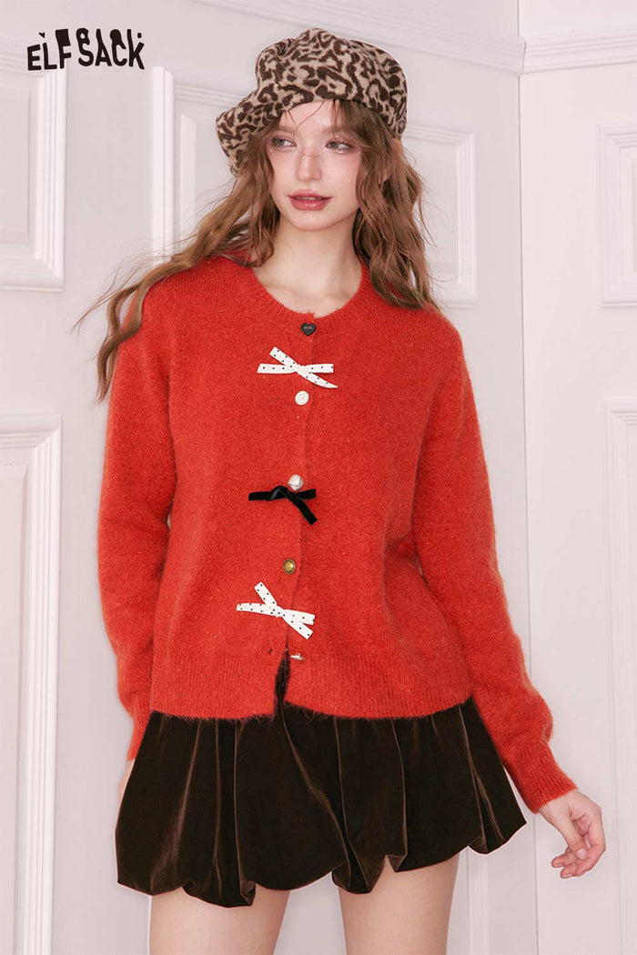 ELFSACK Preppy 3D Bow Embellishment Varied Button Cardigan