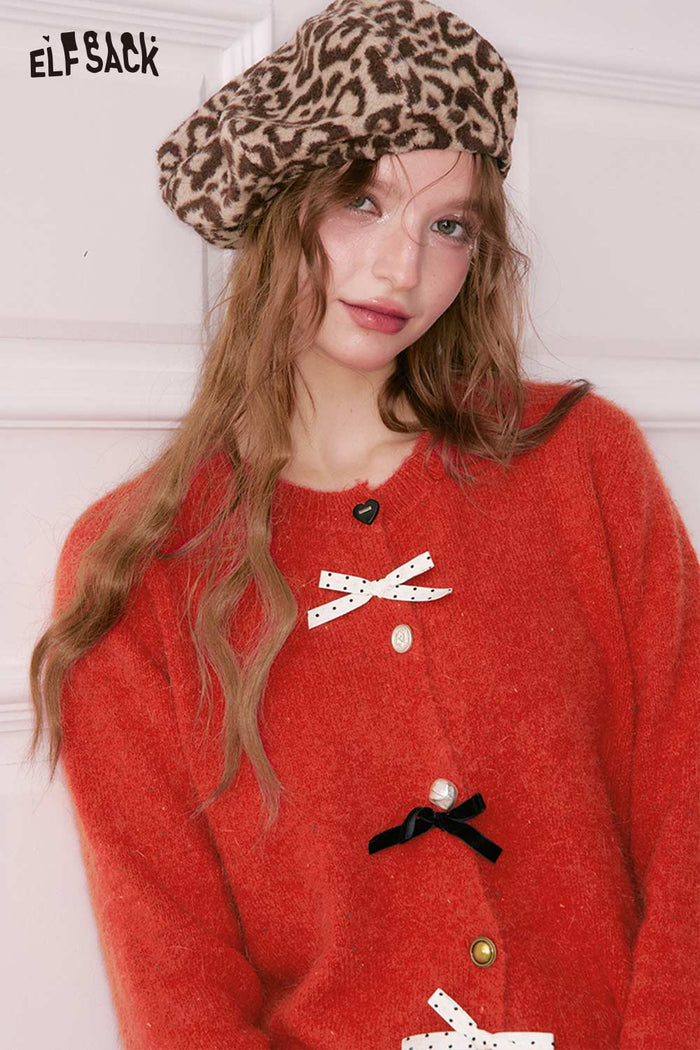 ELFSACK Preppy 3D Bow Embellishment Varied Button Cardigan